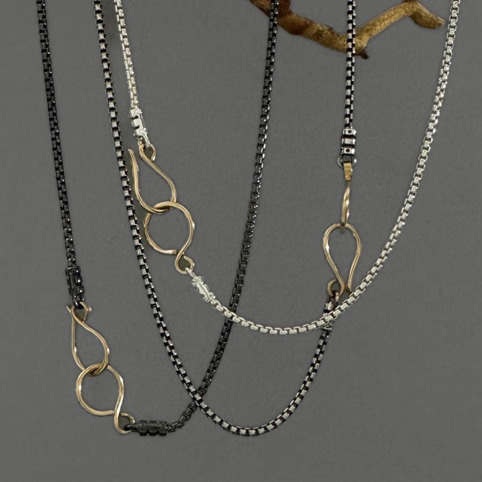 Collier chaîne en argent sterling oxydé et or 14 carats de 1,8 mm avec crochet et fermoir anneau en métal mélangé