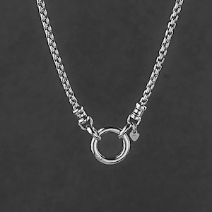 Sterling Silver Box Chain Necklace Front Push Clasp Pendant Holder, 2.5mm