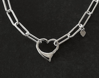 Solid Sterling Silver Paperclip Necklace 4.3mm width with Open Heart Front Clasp Sterling Silver Heart Necklace