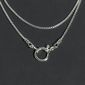 Solid 925 Sterling Silver Box Chain Necklace Round Front Clasp Pendant Clip Charm Clip Front Circle Clasp