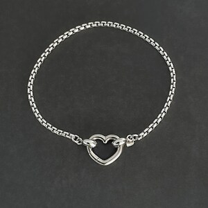 Solid Sterling Silver Box Chain Bracelet 2.5mm with Open Heart Clasp Large Heart Bracelet Sterling Silver Heart Bracelet