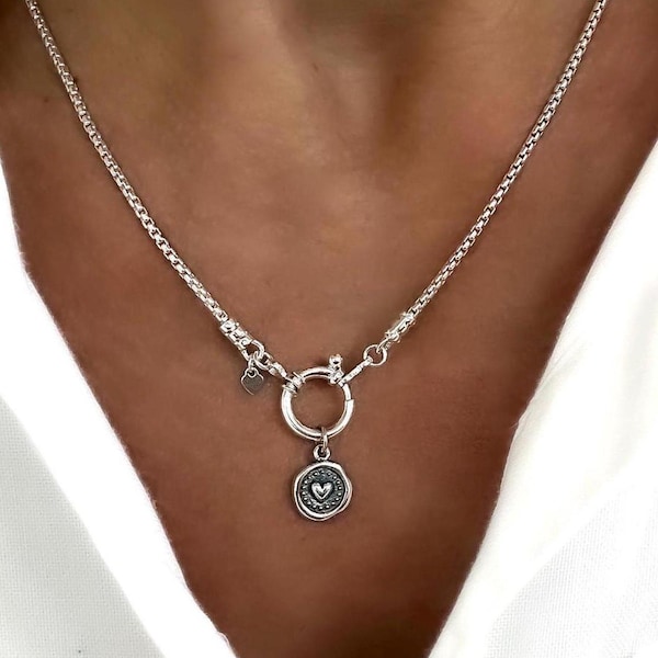 Sterling Silver Heart Wax Seal Pendant Necklace - Interchangeable Charm Clasp