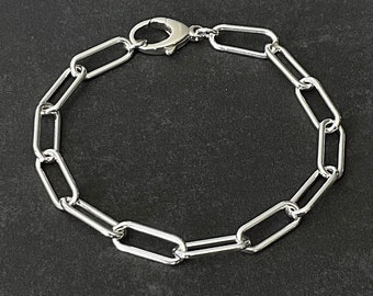 Solid Sterling Silver Paperclip Chain Bracelet 6mm width Chunky Chain Bracelet with High Quality Oval Lobster Claw Clasp