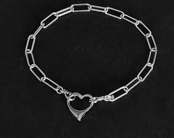 Solid 925 Sterling Silver Paperclip Bracelet 4.3mm with Open Heart Push Clasp Sterling Silver Heart Bracelet