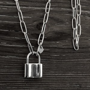 Sterling Silver Padlock Necklace, Paperclip Chain, Working Clasp