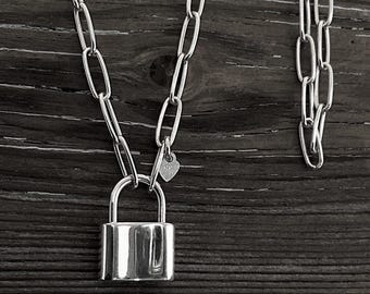 Sterling Silver Padlock Necklace, Paperclip Chain, Working Clasp