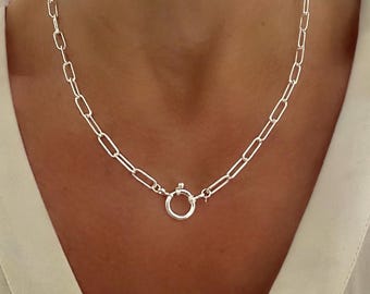 Sterling Silver Paperclip Chain Necklace Sailor Clasp Pendant Holder Charm Clip