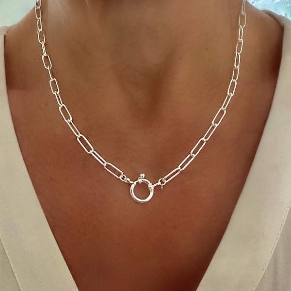 Sterling Silver Paperclip Chain Necklace Sailor Clasp Pendant Holder Charm Clip