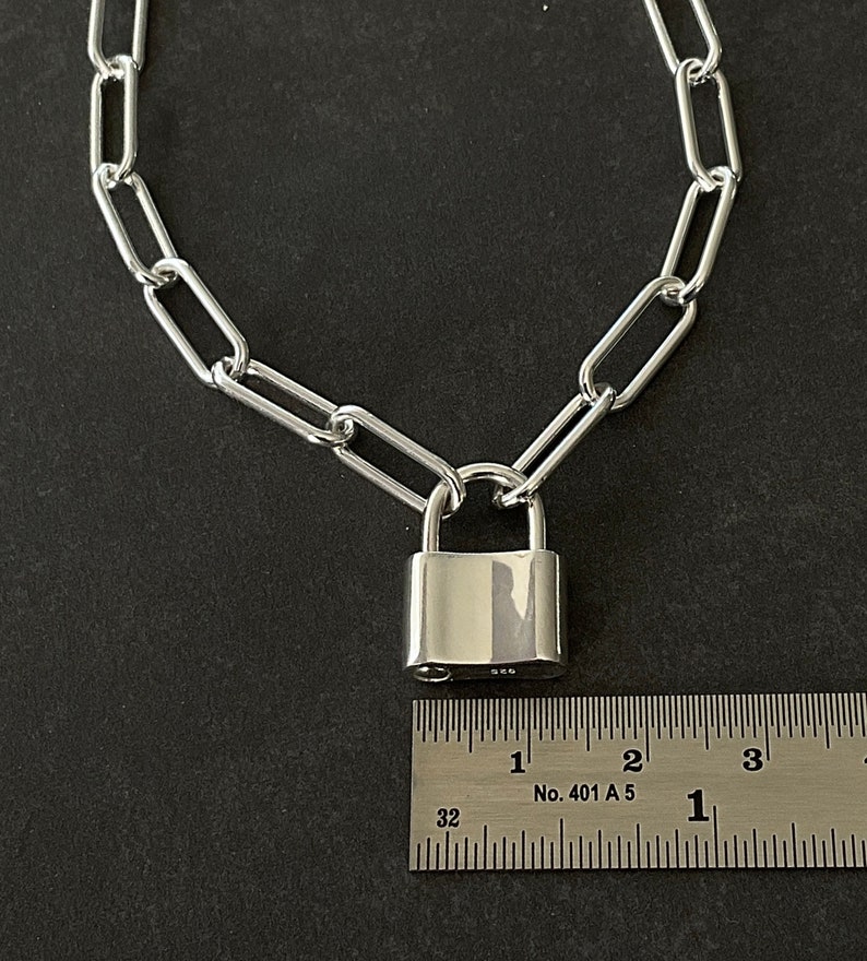 Solid 925 Sterling Silver Padlock Necklace Paperclip Chain Etsy