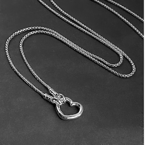 Solid 925 Sterling Silver Box Chain Necklace 1.8mm Open Heart Front Clasp 15mm Open Heart Necklace  Gift for Her