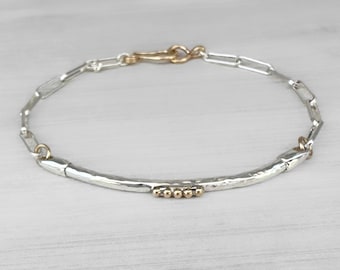 Sterling Silver Paperclip Bracelet with Hammered Bar and 14k Gold Filled Clasp