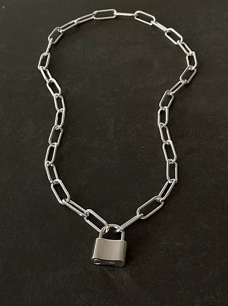 Solid 925 Sterling Silver Padlock Necklace Paperclip Chain Etsy