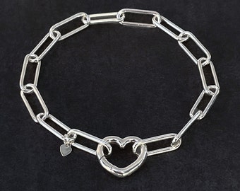 Sterling Silver Paperclip Chain Bracelet Heart Clasp, 6mm Link