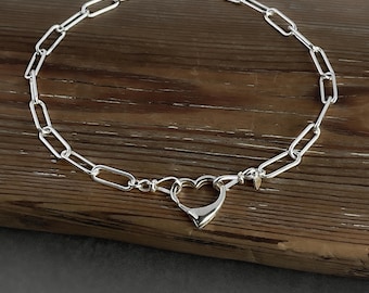 Sterling Silver Paperclip Bracelet Open Heart Clasp 4.3mm Chain