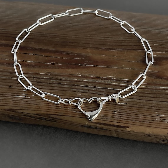 Sterling Silver Paperclip Bracelet Open Heart Clasp 4.3mm Chain