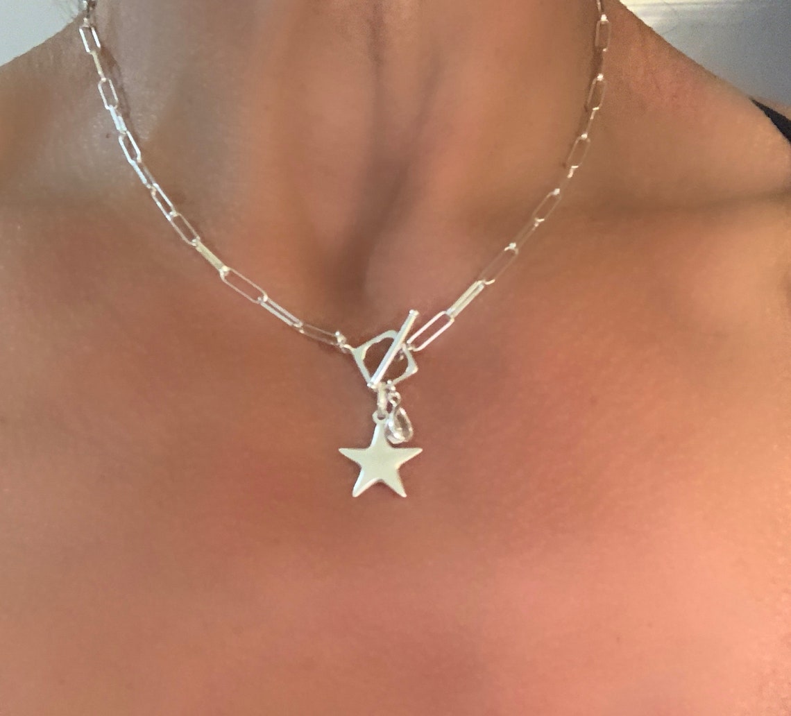 Sterling Silver Paperclip Necklace Diamond Shape Front Toggle Etsy