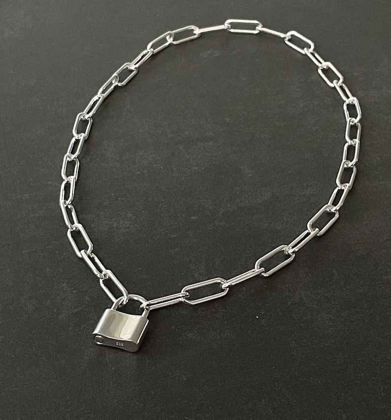 Solid 925 Sterling Silver Padlock Necklace Paperclip Chain Etsy