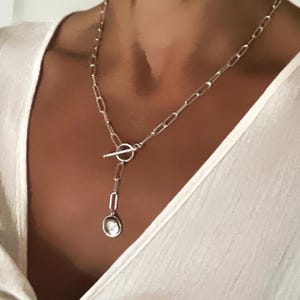 Sterling Silver Paperclip Necklace 4.3mm width Front Toggle Clasp with Coin Charm Disc Charm Organic Shape