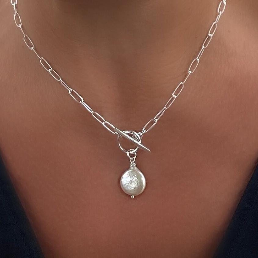 Coin Pearl Toggle Necklace Front Toggle Solid Sterling Silver Paperclip Chain 3mm width | 925 Sterling Silver Genuine Freshwater Pearl