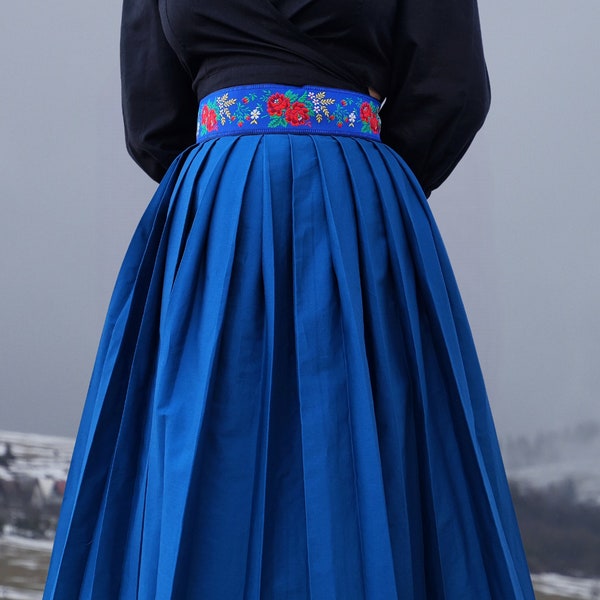 Blue Cotton A-line Pleated midi  Skirt | Summer Cotton Skirt Casual Loose Skirts | Folk |  Folklore Slovak Slavic | Europe | jaquard waist