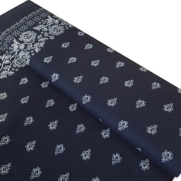 Traditional folk fabric | inspired by Polish Slovak Slavic traditional folklore costume | 100% Cotton Fabric | Dark blue | flower | floral |