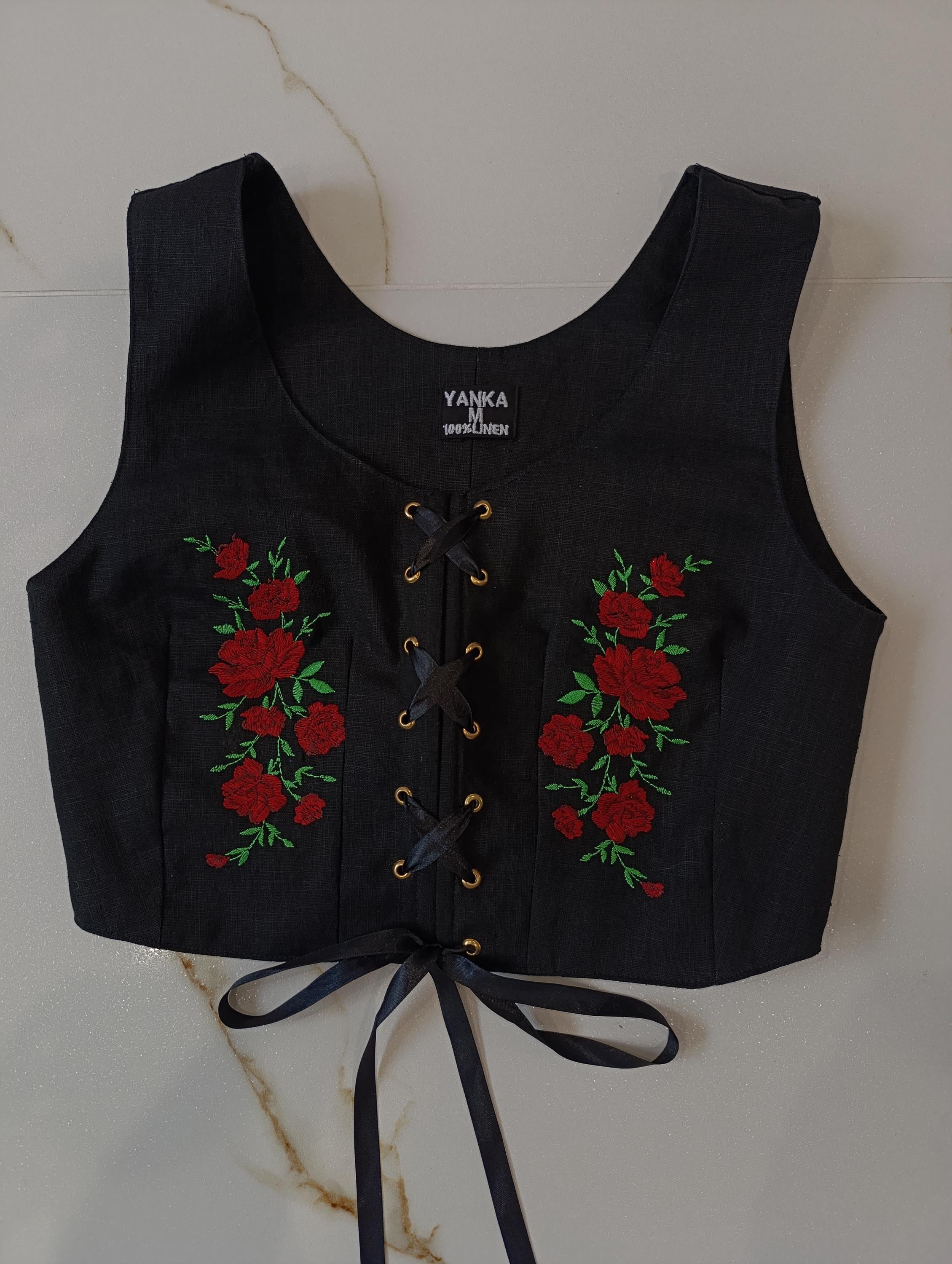 Linen Folk Vest, Embroidered Top, Inspired by Goral Polish Slovak