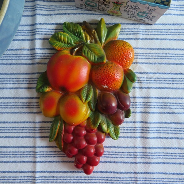 Large Chalkware Fruit Wall Plaque - Colorful Vintage Fruit Wall Hanging - Chalkware Fruit Cluster - Retro Kitchen Decor - 9.5" x 6" - 1950's