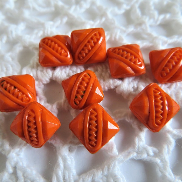 Vintage Buttons c. 1930's - Orange Glass Dimi Buttons - Czech Glass Buttons - Pressed Geometric Design - Self Shank - 5/16" Sewing Buttons