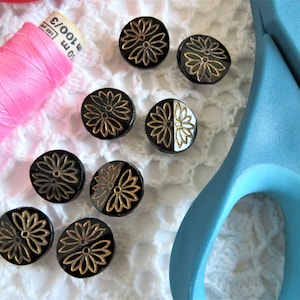 8 Vintage/Antique 5/8&quot; Black Glass Buttons with Imprinted Gold Lustre Floral Design - Self Shank - Victorian Style Buttons - Sewing Buttons