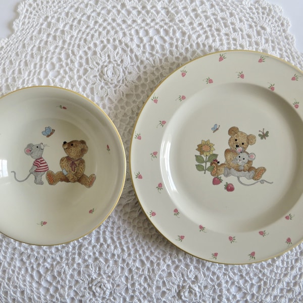 Vintage Child's Dishes - Mikasa Teddy CC018 - Teddy Plate & Bowl - Teddy and Mouse Child's Dishes - Mikasa Stoneware - Children's China