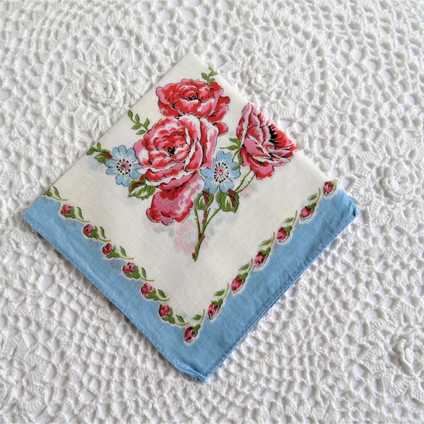 Vintage Ladies Handkerchief - Vintage Womens Hankie - Blue, Pink/Red & White Ladies Handkerchief - Spring Floral Hankie -Roses - 1950's