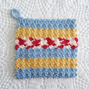 Crocheted Pot Holder - Crocheted Hot Pad - Vintage Hot Pad - Red, Blue, Yellow Pot Holder - Vintage Kitchen Item - Trivet - Kitchen - Linens