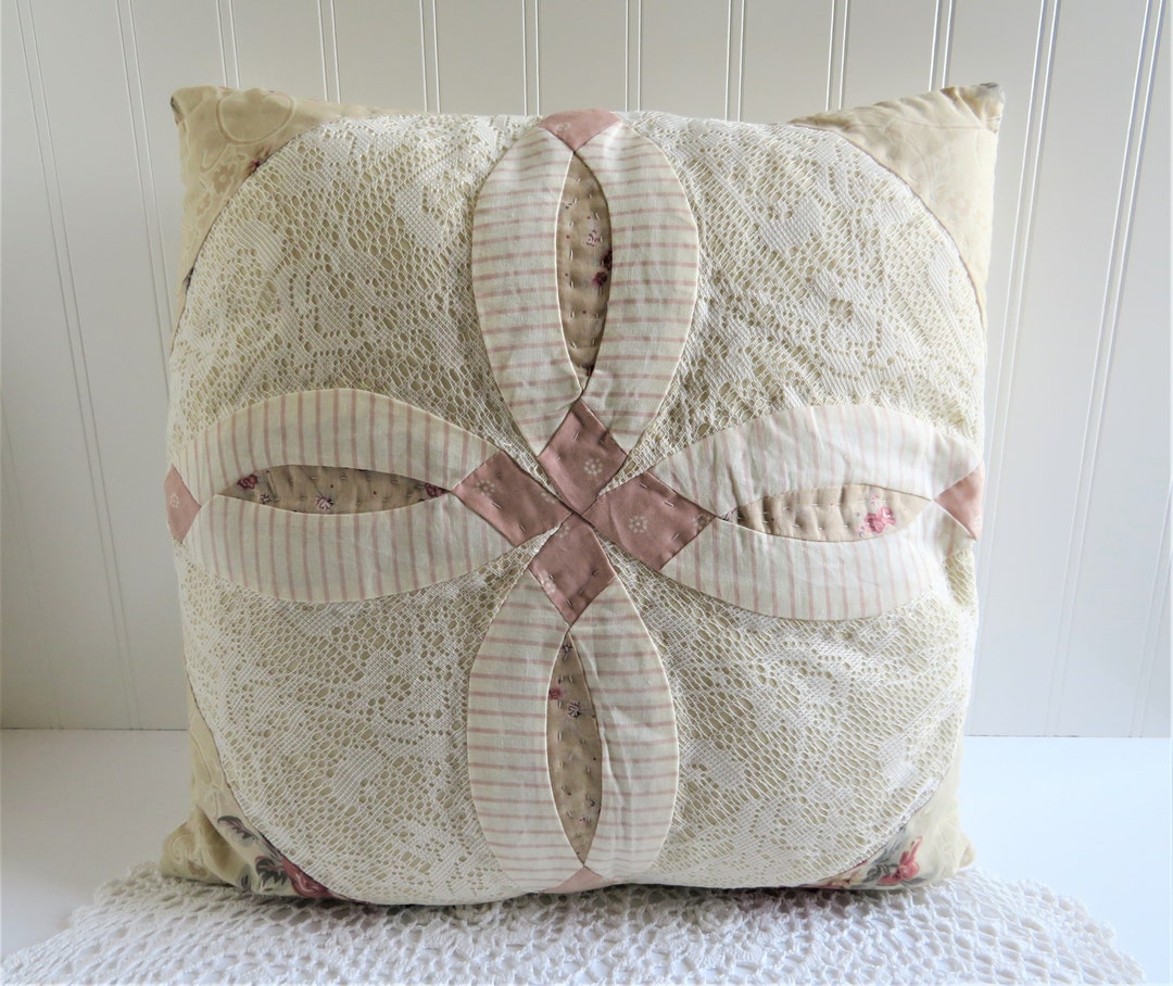 Quilted Pillow Quilt Block Pillow Lace Quilt Block Pillow Pink and Tan
