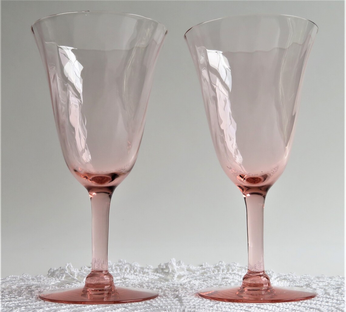 Vintage Pink Glass Stemware Pink Vertical Optic Wine Glasses Etsy