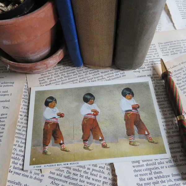 Unused Vintage Linen Postcard - A Pueblo Boy, New Mexico - Isleta Indian Village - Native Costume - Native American Postcard - Memorabilia