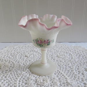 Fenton &quot;Rose Garden&quot; Compote (#6322) - Opal Satin Glass - Handpainted Roses - Signed by Artist - Fenton 6 1/2&quot; Compote with Ruffled Edge