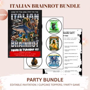 Convite de aniversário do Brainrot italiano, jogo de festa, conjunto de enfeites para cupcake - convite de aniversário engraçado, convite de festa editável, download instantâneo