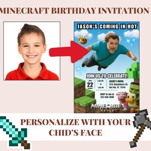 Minecraft, Faire-part Steve Minecraft, Faire-part photo Minecraft, Faire-part arrivée chaud, Faire-part film Minecraft, Carte Steve 5 x 7