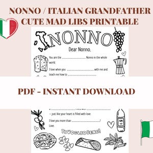 Regalo para el abuelo, Tarjeta para la abuela, Abuelo italiano, Regalo fácil de última hora, Mad Libs, Página para colorear imprimible, Abuelo italiano, Día del Padre