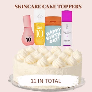 Adornos para tartas grandes personalizados para el cuidado de la piel (juego de 11), para cumpleaños, fiestas infantiles, belleza, PDF imprimible