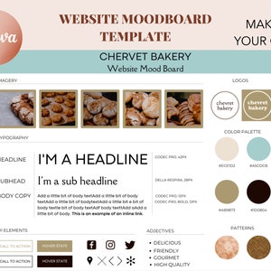 Plantilla de mood board para sitios web, plantilla de sitio web de Canva, tablero de diseño de sitios web, plantilla de kit de marca para sitios web, elementos de diseño de interfaz de usuario