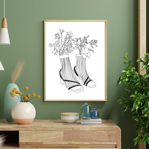 Chic schwarz und weiße Blumen und Schuhe Linie, Kunstdruck Schuhe, Schuhe Skizze Kunstdruck, Instant Download