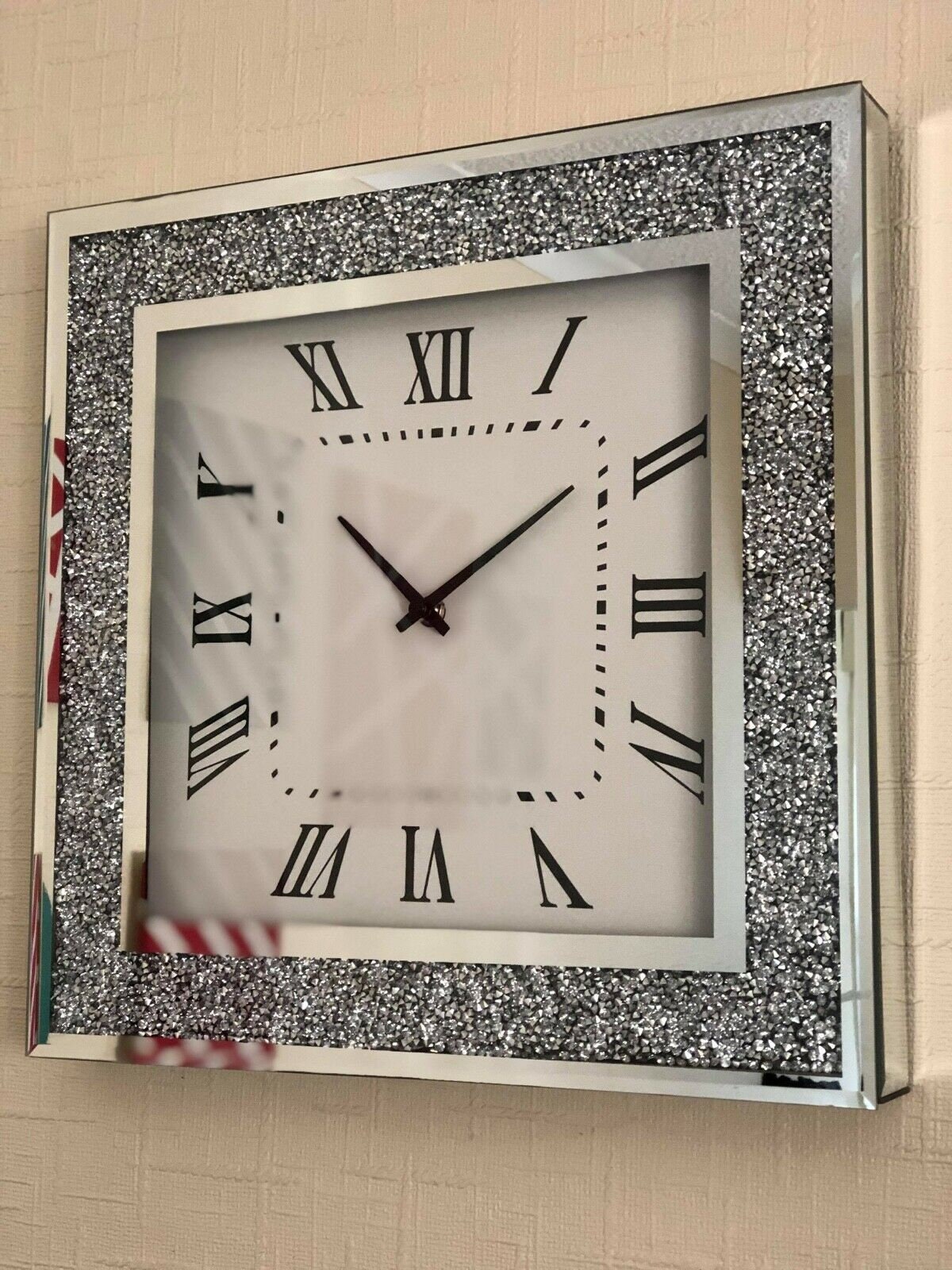 Home Wall Clocks Home, Furniture & DIY Diamante Crushed Crystal Bling Silver Mirror Jewel Wall