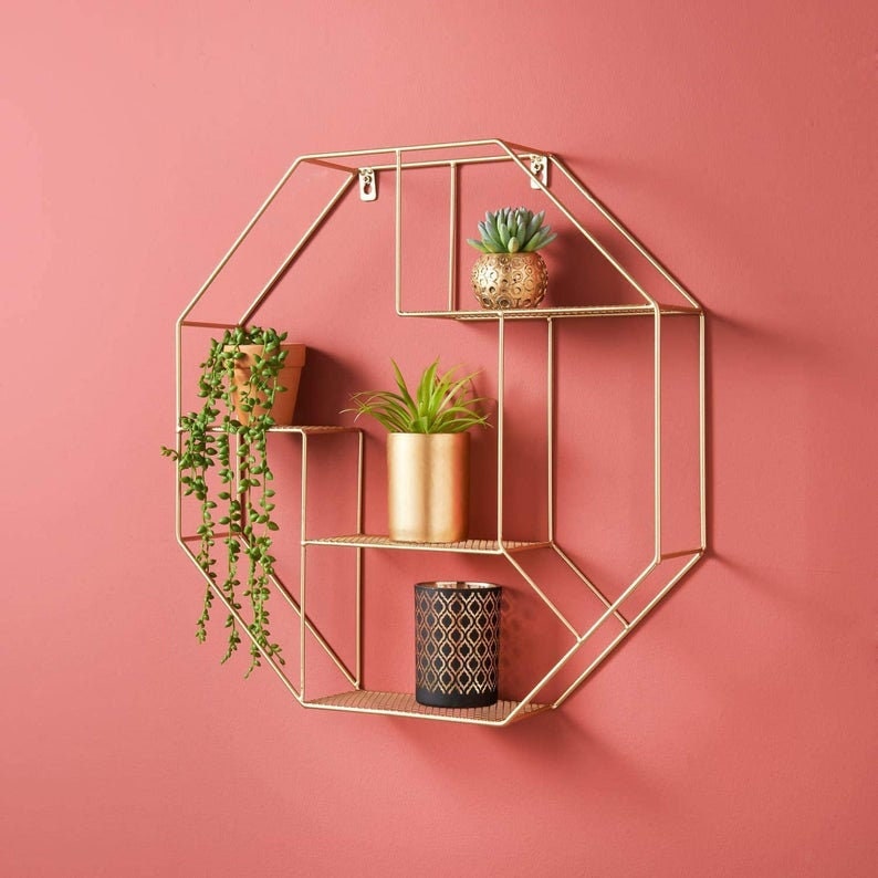 Hexagon Metal Wire Wall Shelf Home Decor Storage Floating Etsy