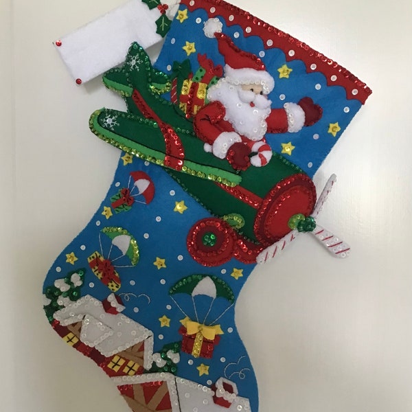 Finished bucilla stocking “Airplane Santa”