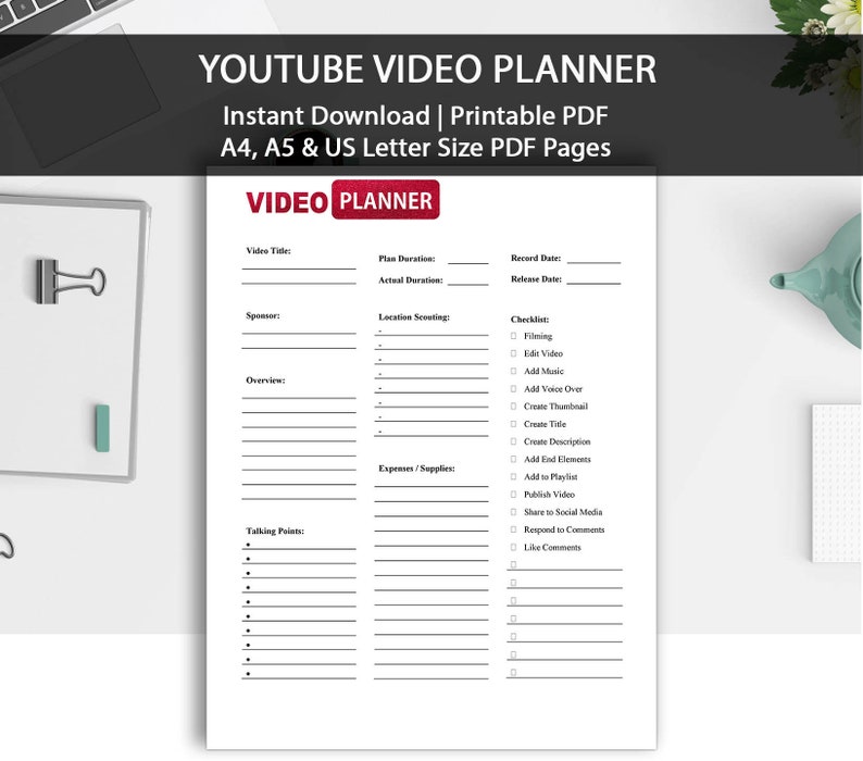 YouTube Video Planner Printable Social Media Planner | Etsy