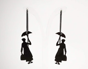 Mary Poppins Earrings, Silver Wire Earrings, Umbrella Drop Earrings, Disney Figure Earrings, Vintage Modern Jewelry, Mary Poppins Gift