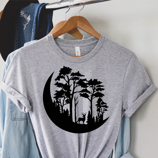 Moon Forest T-Shirt, Celestial Moon Forest Tee, Celestial Shirts, Moon Mountain Shirt, Minimalist Tee, Moon Top shirt
