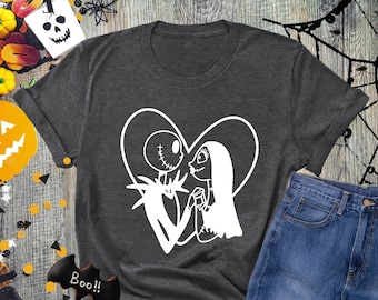 Her Sally His Jack Halloween Couples Shirt, Short-Sleeved Cotton Halloween Jack Skellington and Sally Shirts, Matching Halloween Shirts