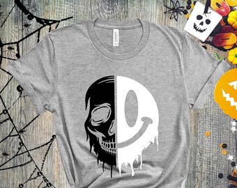 Jack Skelington Shirt, Short-Sleeved Cotton Halloween Jack Skellington Face Shirts, Funny Halloween Shirts, Happy Face Shirt, Sad Face Tee